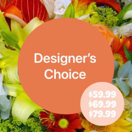 Designer’s Choice floral arrangement with mixed bright blooms and price labels