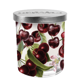 Glass jar with a cherry pattern and silver lid