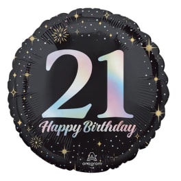 Black birthday balloon with the number 21 and "Happy Birthday" text