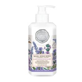 Bottle of lavender rosemary hand and body lotion with a pump dispenser