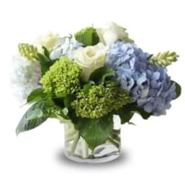 Blue and white hydrangea bouquet in a clear glass vase
