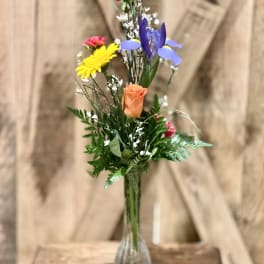 Mixed bouquet of colorful flowers in a clear glass vase