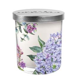 Floral-scented candle in a clear glass jar with a silver lid
