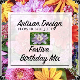 Colorful mixed flower bouquet graphic with birthday text