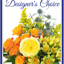 Mixed bouquet with orange and yellow roses and green flowers