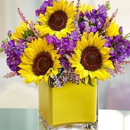 Sunflowers and purple flowers arranged in a yellow square vase