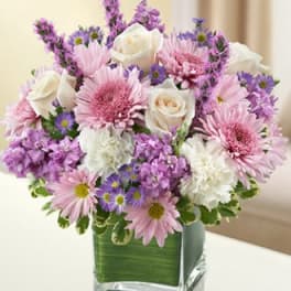Pink and white flowers arranged in a square glass vase