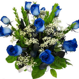 Blue roses with baby's breath in a compact bouquet
