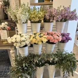 Rows of pastel flowers in white buckets on a display stand