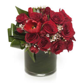 Red roses and a red tulip in a glass vase