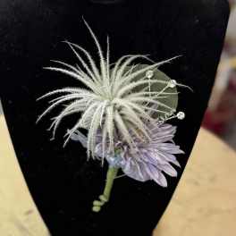 Lavender boutonniere with a white spiky accent on black backing