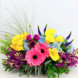 Bright mixed bouquet with pink gerberas, yellow callas, and blue hydrangeas