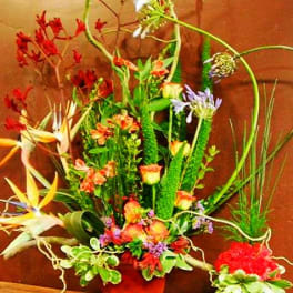 Tall tropical flower arrangement with orange, red, and white blooms