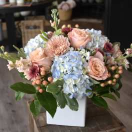 Bouquet of peach roses and blue hydrangeas in a white vase