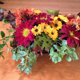 Low floral arrangement with magenta and yellow daisies on a table