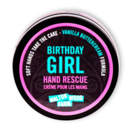 Round birthday girl hand cream tin with black and pink label