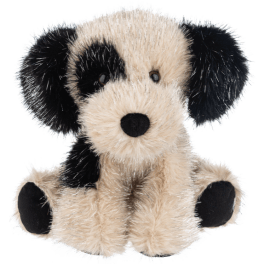 Plush dog toy with cream and black fur