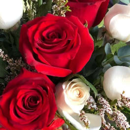 Bouquet of red and white roses with small filler flowers