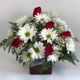 Bouquet of white daisies and red roses in a square vase
