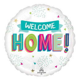 Round foil balloon reading Welcome Home in bright colors