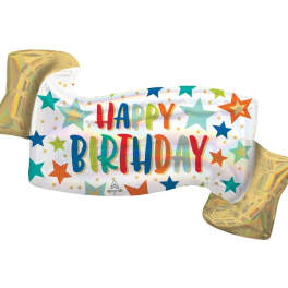 Birthday candy-shaped balloon with colorful stars and gold ends