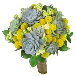 Succulent bouquet with yellow button flowers and green leaves