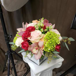 Bouquet of pink and red roses with orchids and green blooms in a white vase
