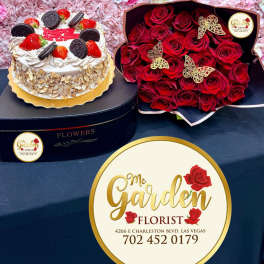 Cake and red rose bouquet with butterfly decorations