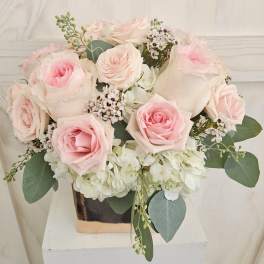 Bouquet of pale pink roses and white hydrangeas in a square vase