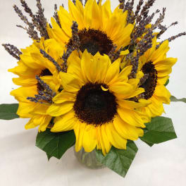 Bright yellow sunflower arrangement with lavender sprigs in a clear glass vase.