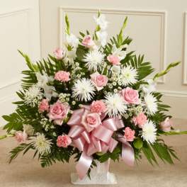 Tribute Pink & White Floor Basket Arrangement