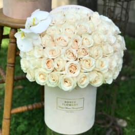 White roses and orchids arranged in a white hat box