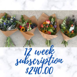 Four mixed flower bouquets wrapped in brown paper with a 12 week subscription price.