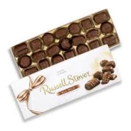 Box of assorted chocolates with a white ribbon design
