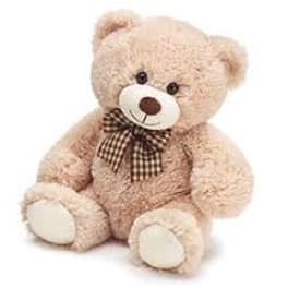 Plush teddy bear with a checkered bow tie
