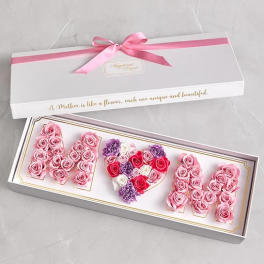 Gift box with pink roses arranged as MOM and a heart
