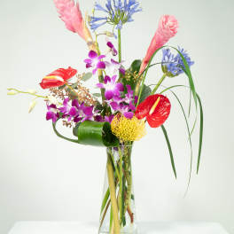 Tropical bouquet in a clear glass vase with pink, blue, red, and yellow blooms