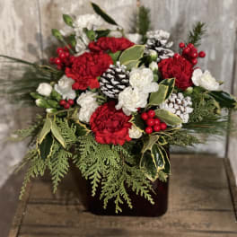 Red and white floral arrangement with pinecones in a dark container
