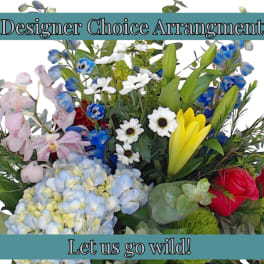 Mixed bouquet with blue, pink, yellow, and red flowers