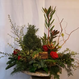 Red roses and mixed greenery arranged in a low stone container