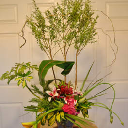 Tall tropical floral arrangement with red and white blooms in a vase