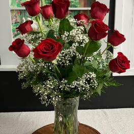 Dozen Long Stemmed Red Roses with Baby's Breath