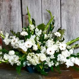 Large white floral arrangement with long green spikes in a low container