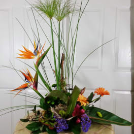 Tall tropical arrangement with orange bird-of-paradise and purple accents