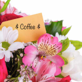 Bouquet of pink and white flowers with a coffee gift card