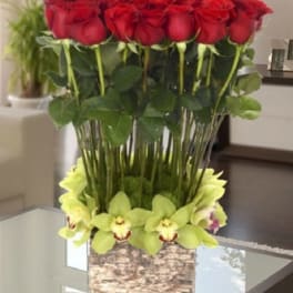 Tall arrangement of red roses with green orchids in a square vase