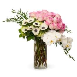 Asymmetrical arrangement of pink roses, white anemones, and orchids in a tall clear glass cylinder vase.