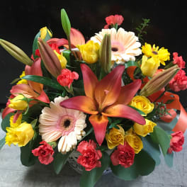Mixed bouquet with lilies, gerbera daisies, roses, and carnations