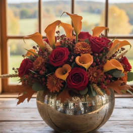 Low autumn arrangement of orange calla lilies, red roses, and mums in a round metallic bowl vase