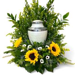 Funeral urn surrounded by sunflowers and white daisies